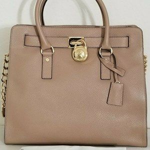 MICHAEL KORS HAMILTON LARGE TAN DARK KHAKI LEATHER GOLD LOCK NS TOTE BAG NWT!